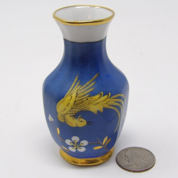 Vintage Oriental Porcelain Vase Blue with Yellow Pheasant Bird Gold Accents and - Picture 2 of 10